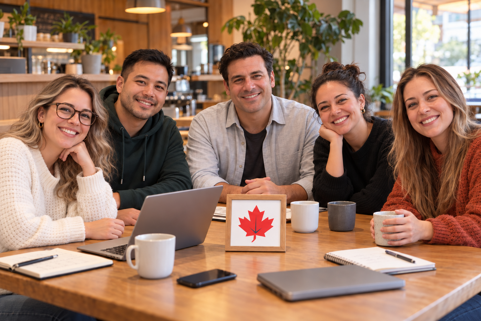 The MapleLing team of three women and two men meeting casually in a café